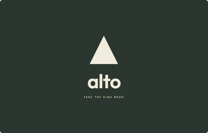 Alto uses rounded Outfit sans-serif lettering below a solid triangle.