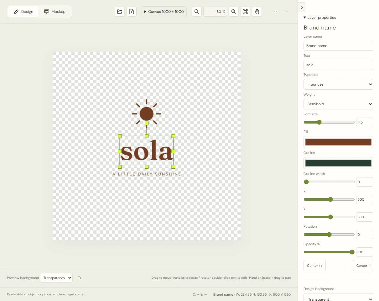Sola editor with the Brand name selected and Typeface set to Fraunces in Layer Properties.